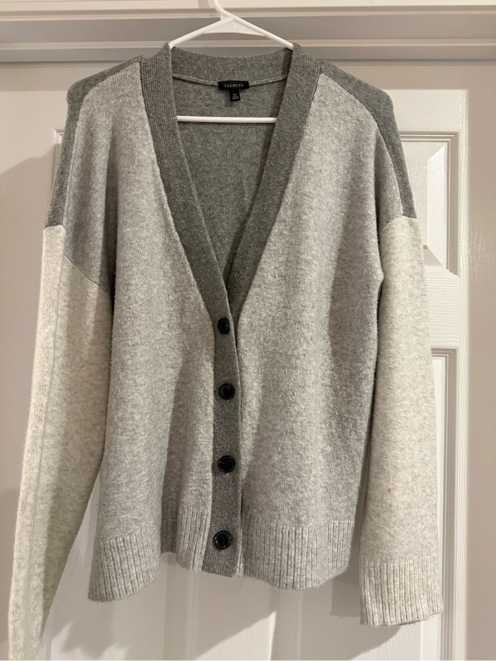 Talbots Light and Dark Gray Colorblock V-Neck Button Cardigan